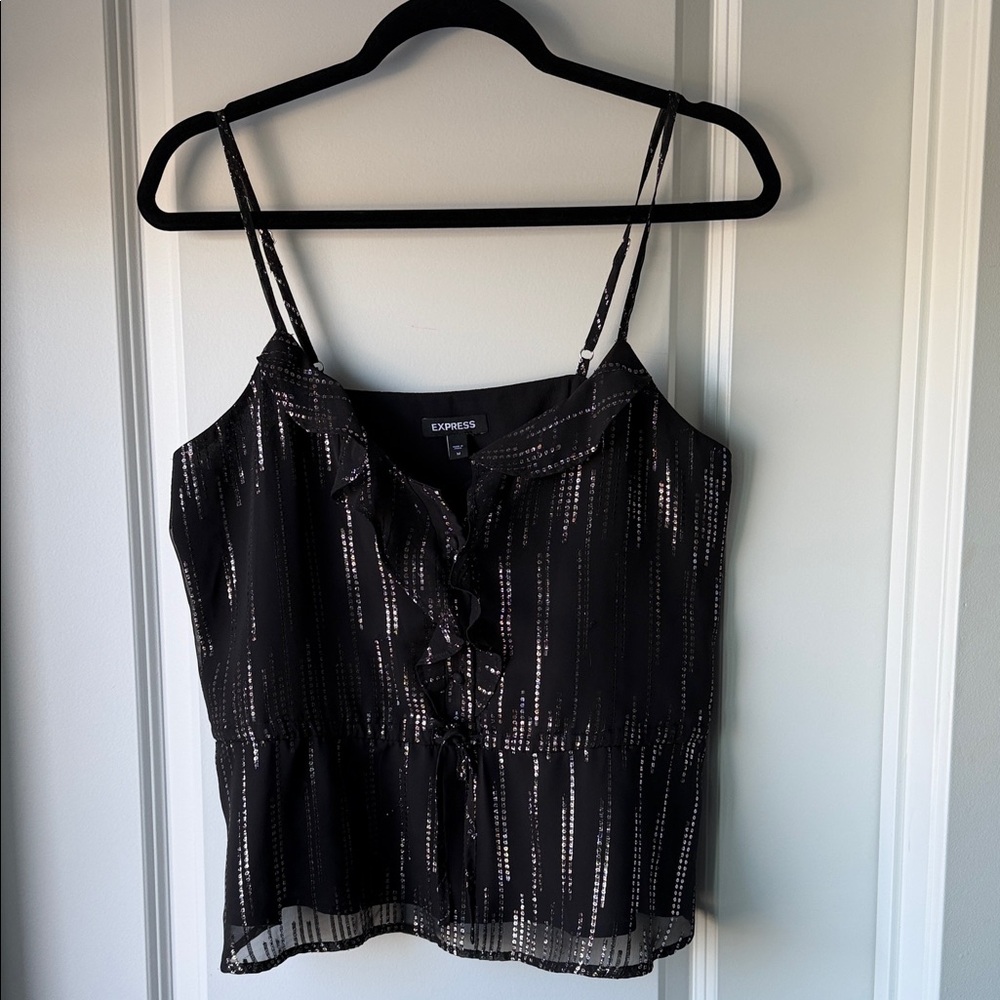 Express Black Metallic-Striped Ruffle Cami